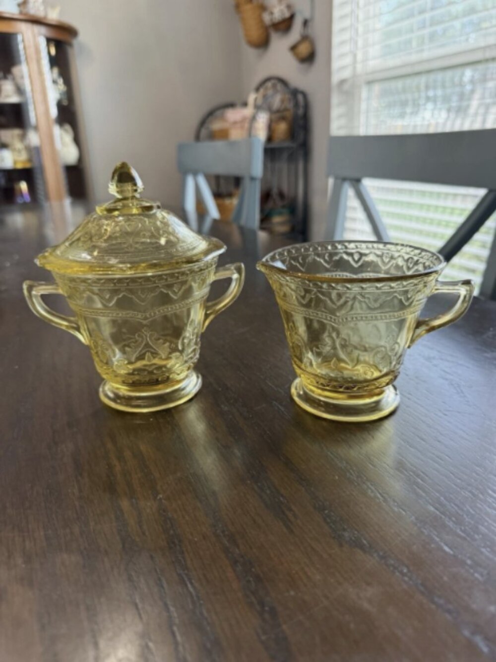 Federal Patrician Amber Depression Glass Creamer and Sugar Bowl with Lid